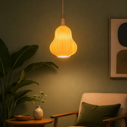 Ceramic pendant lamp in a reading corner