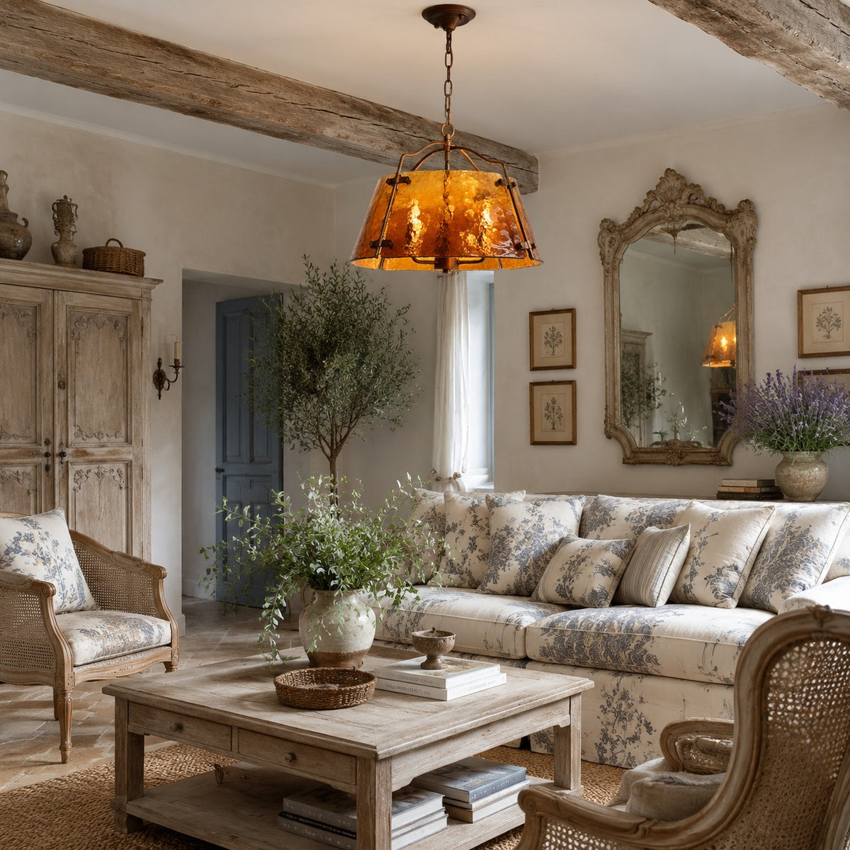 Amber glass pendant chandelier lit in a living room