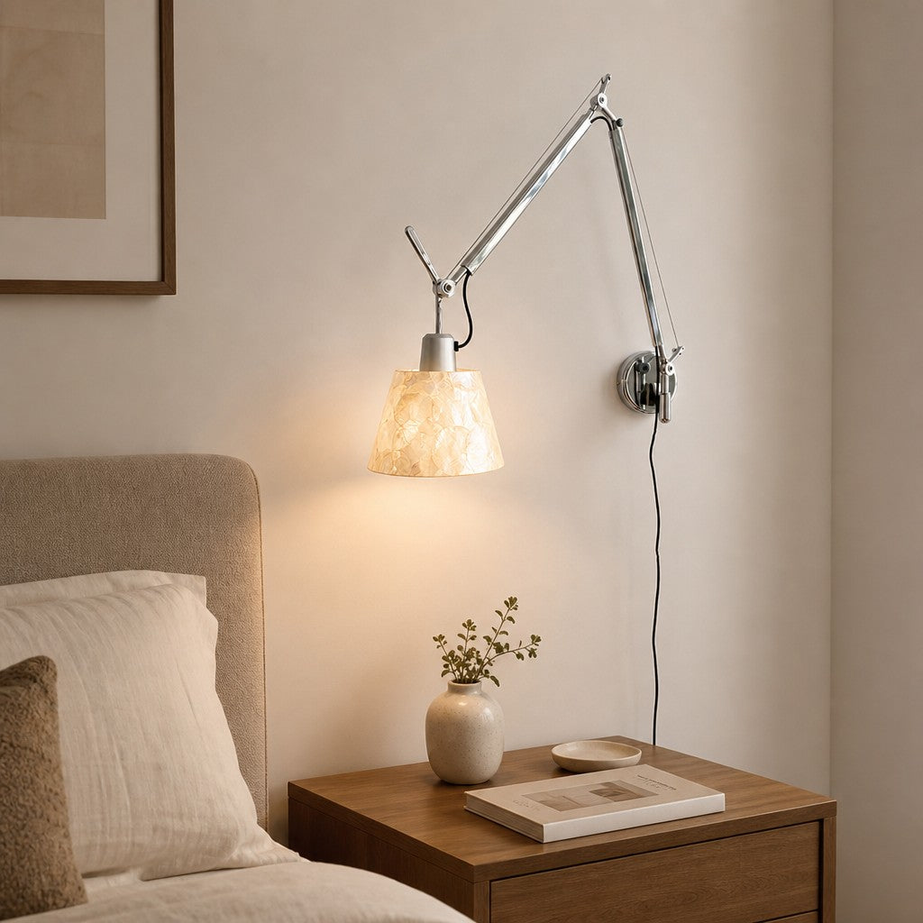 Lunavera Modern Capiz Shell or Fabric Shade Adjustable Arm Wall Lamp for Bedroom