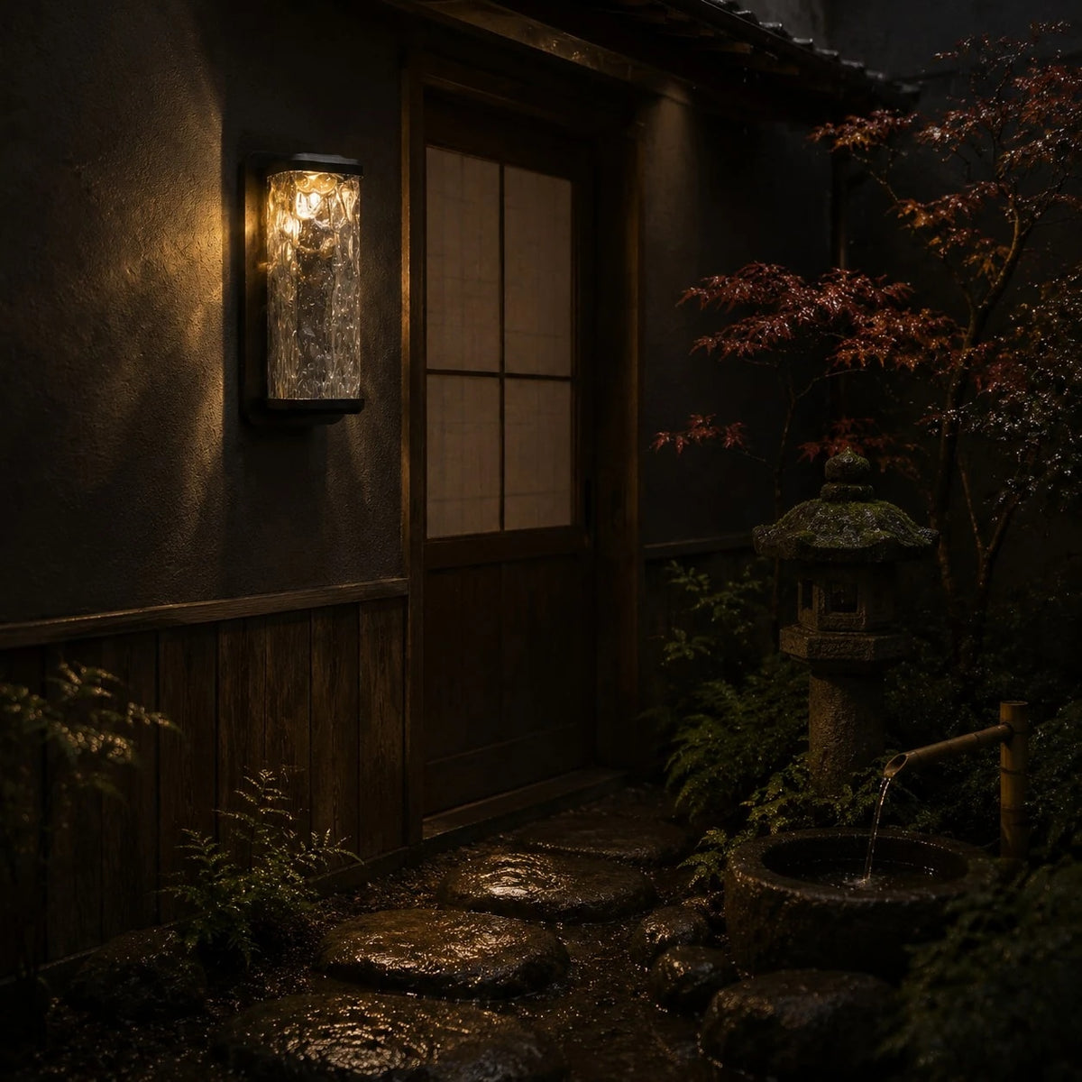 Outdoor wall light on a porch wall with matte black frame