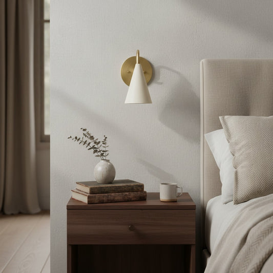 Aplique de Pared Curva con Pantalla Cónica de Metal – Lámpara de Pared Vintage de Latón para Entrada o Escalera