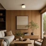 Charger l'image dans la visionneuse de la galerie, Travertine flush mount light adding warm light to a compact lounge