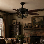 Carica l'immagine nella visualizzazione Galleria, Black wood blade ceiling fan light in a vintage room