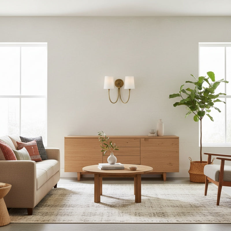 Aplique de Pared Doble Moderno Roven con Brazos Curvos y Pantallas de Tela – Iluminación de Acento Clásica para Dormitorio