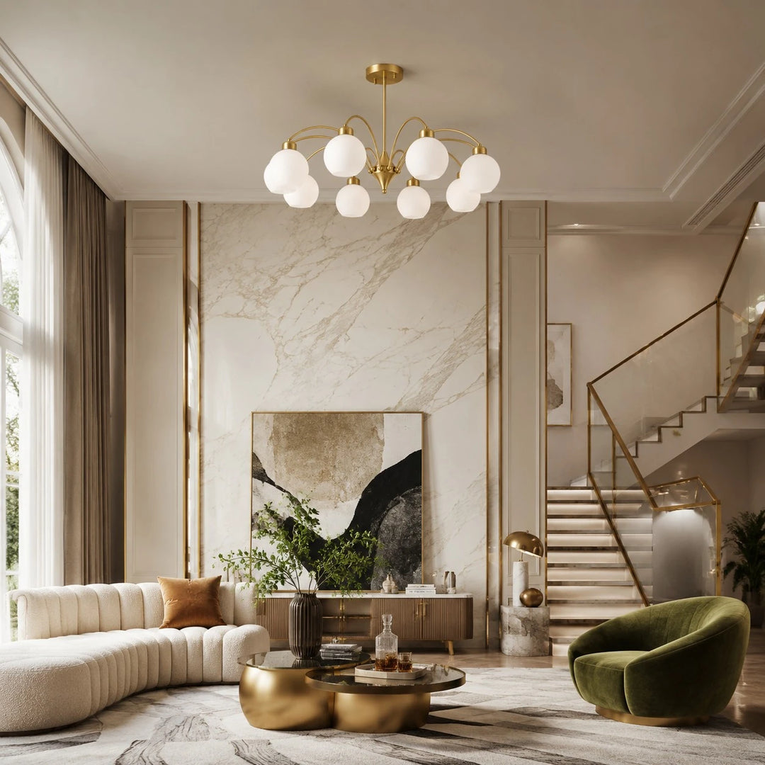 Glass globe chandelier above a marble living area