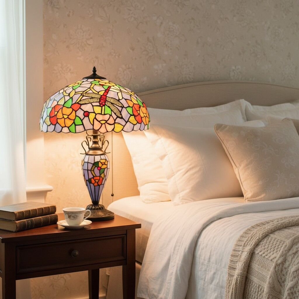 TF Keswick Libelle Tiffany Tafellamp – Handgemaakte glas-in-lood kap voor woonkamer of slaapkamer