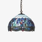 Afbeelding laden in galerijweergave, TF Dragonfly Blauwe Tiffany Plafondlamp – Art Nouveau Glas-in-Lood Hanglamp voor Woonkamer