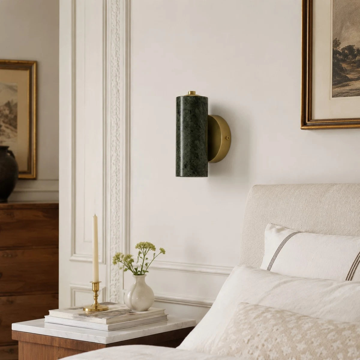 Green jade wall lamp in a calm bedroom scene