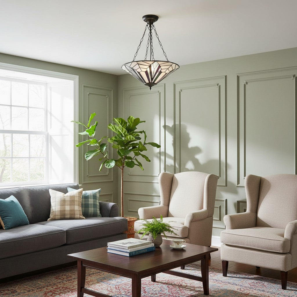 TF Astoria Decoratief Glas-in-Lood Semi Opbouwlamp – Art Deco Plafondarmatuur voor Entrees & Lounges