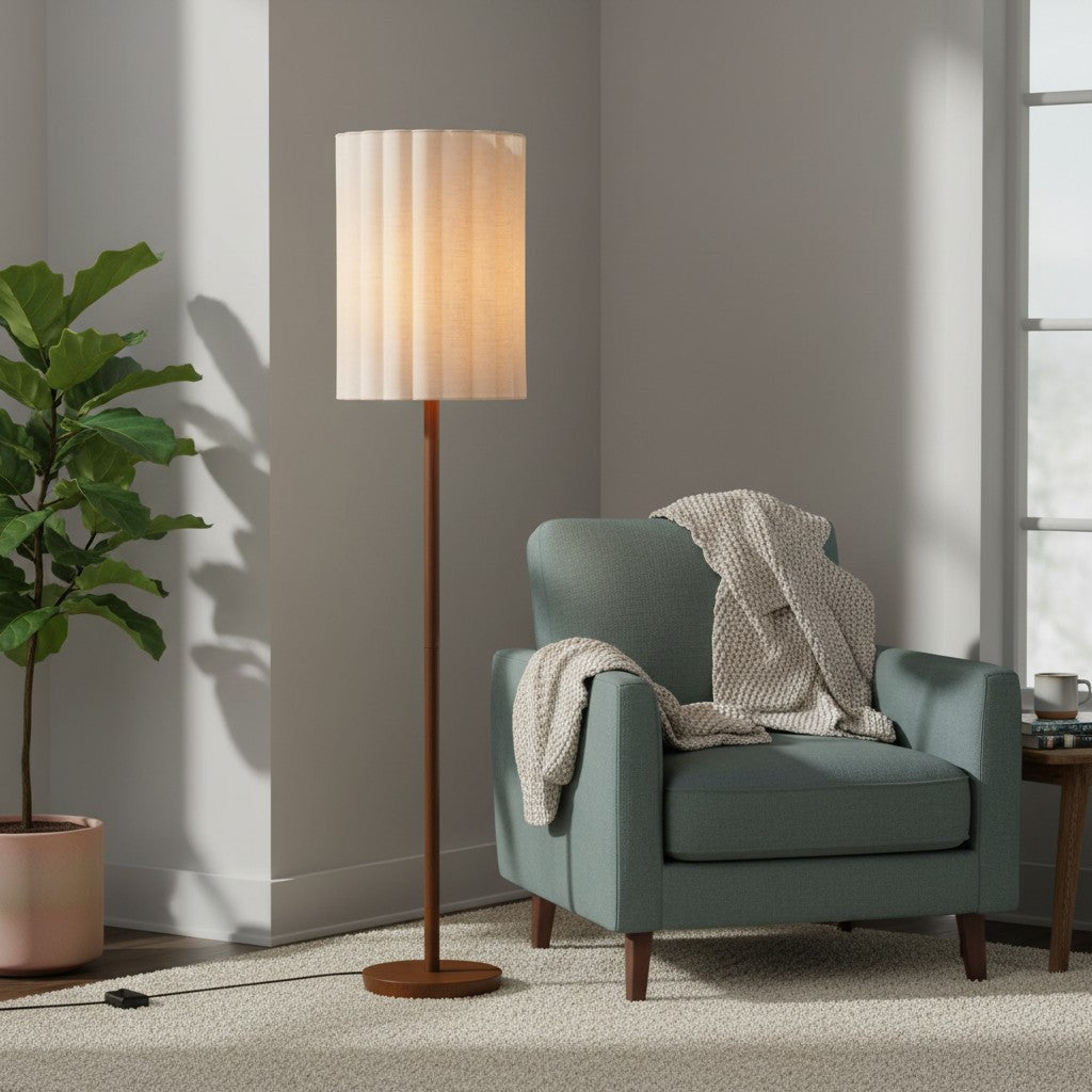 Lampe sur pied en bois de noyer Linbron avec abat-jour en lin cannelé – Décoration intérieure moderne et naturelle