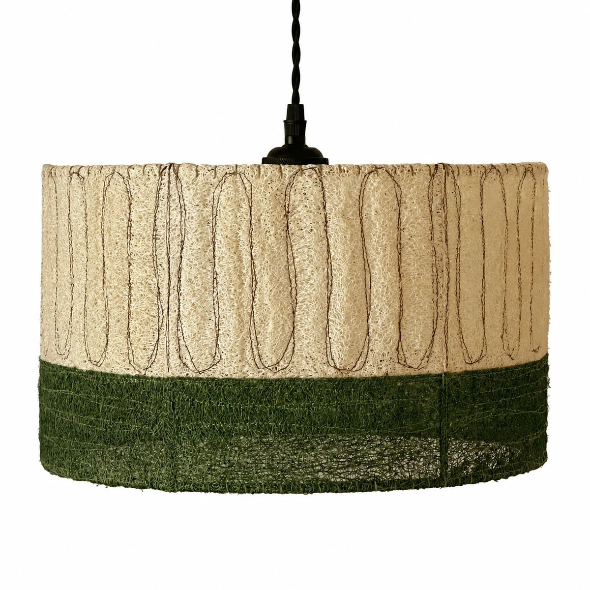 Natural loofah fiber pendant shade in beige and moss green