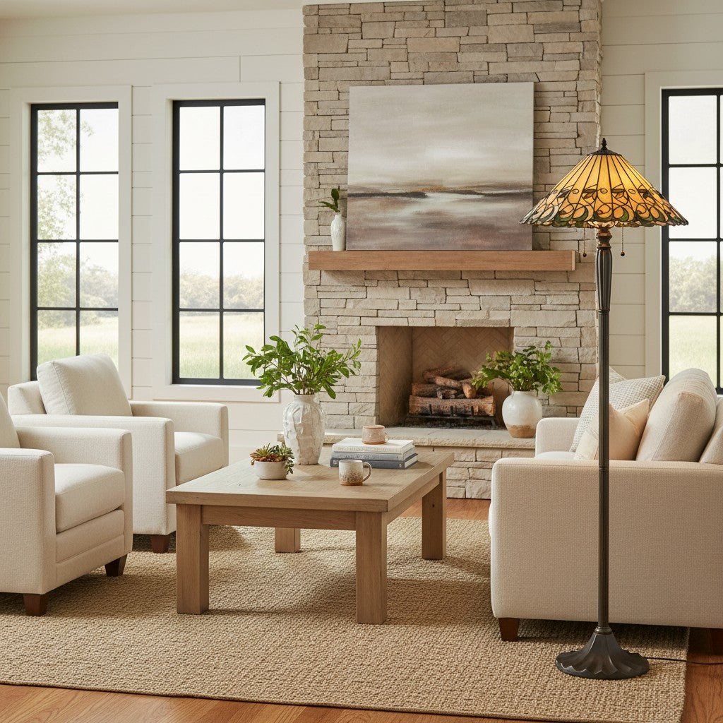 TF Jamelia Vloerlamp met Glas-in-Lood - Mozaïeklampenkap in Edelsteenkleuren Decoratieve Vloerlamp Metalen Kolomafwerking Ideaal voor Leeshoek