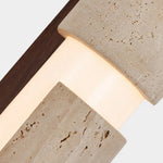 Charger l'image dans la visionneuse de la galerie, Walnut wood mounting detail with glowing acrylic diffuser and travertine shade