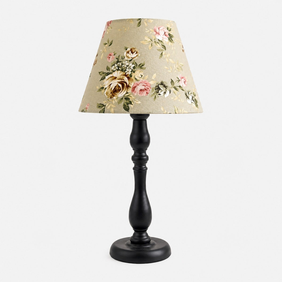 Vintage black iron table lamp with pea green rose fabric shade