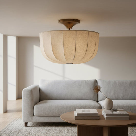 Loomis Flush Ceiling Lamp – Textured Linen Shade and Aged Brass Modern Ceiling Light for Living Rooms