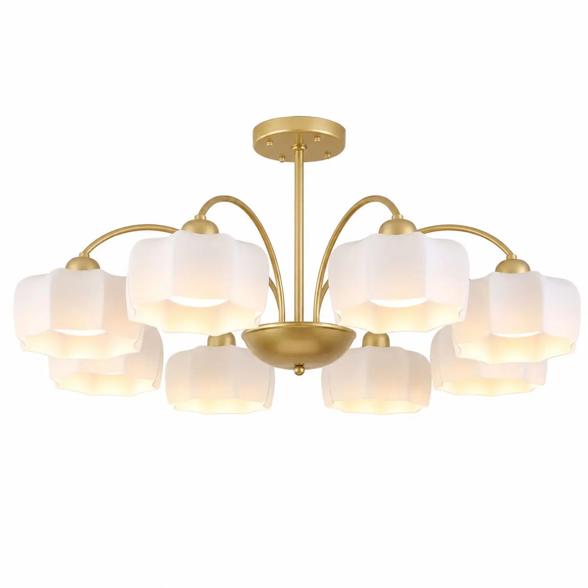 Illuminated 8-light chandelier on a white background; bulbs not included
