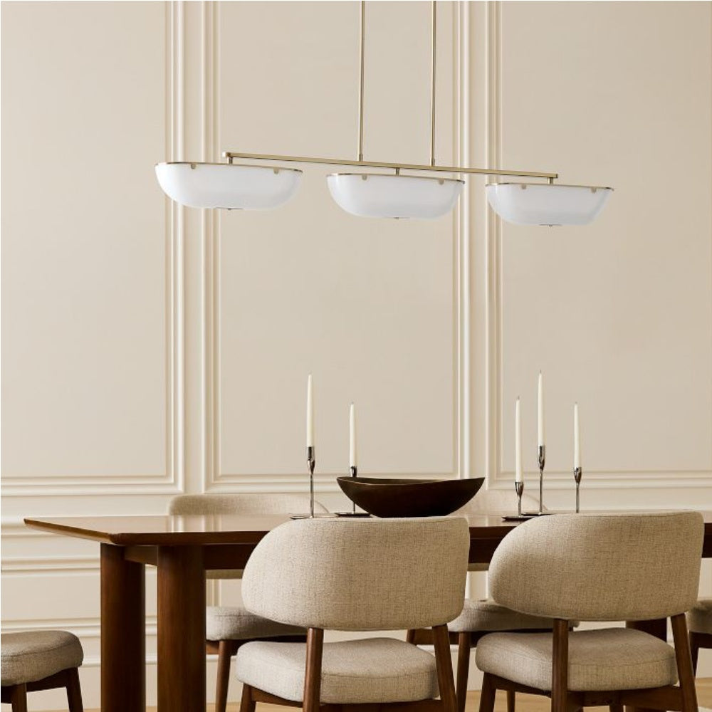 Ferosa Boat-Shaped Lampshade Linear Chandelier - Antique Brass with Milk Glass