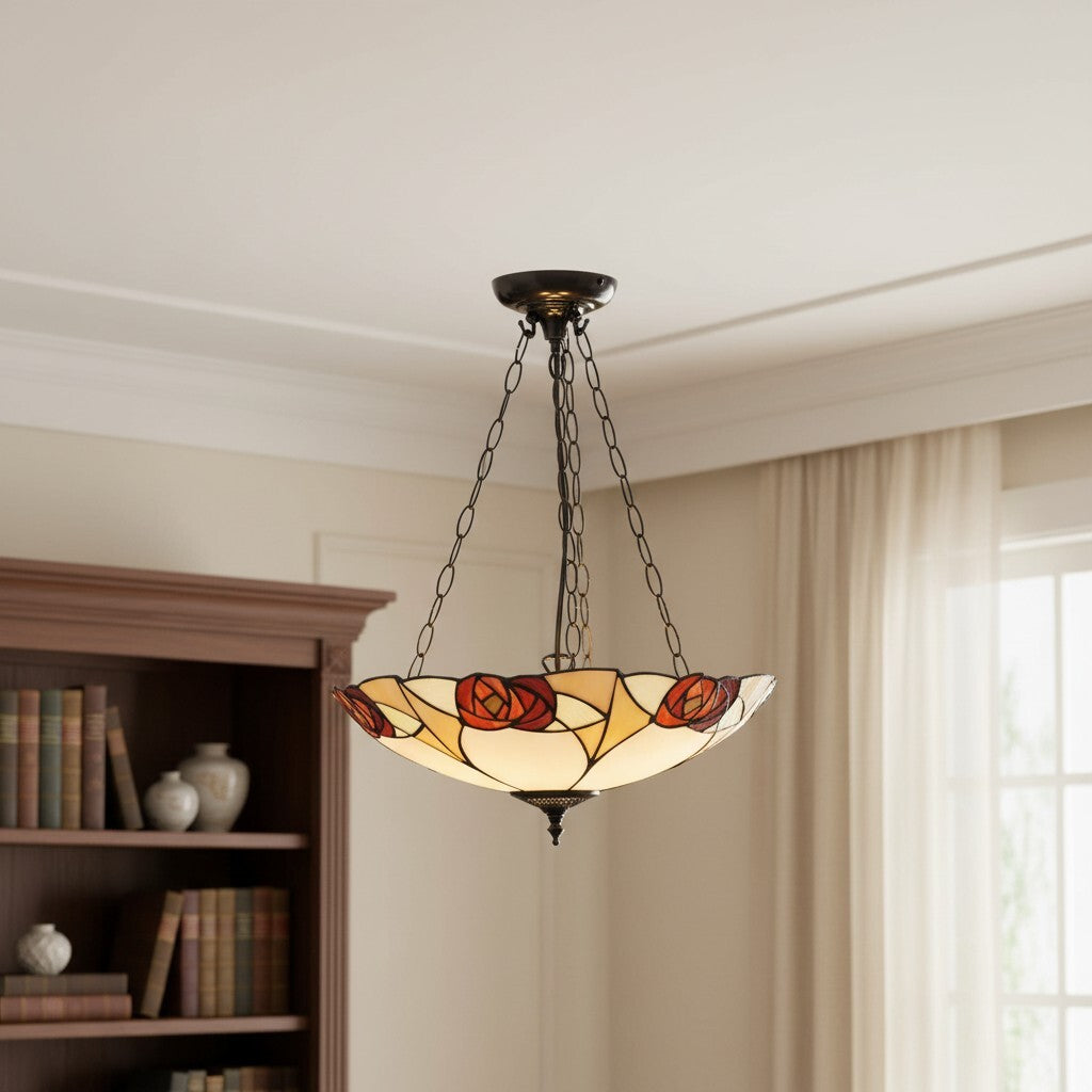 Lampe de plafond en vitrail artisanale TF Ingram – Lumière Tiffany vintage Art déco pour salle à manger