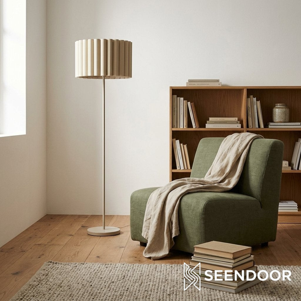 Velura Plissierte Leinen-Stehlampe – Hohe Beige Stehleuchte für Wohnzimmer und Leseecke