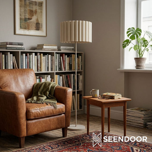 Velura Pleated Linen Floor Lamp – Tall Beige Standing Light for Living Room and Reading Nook