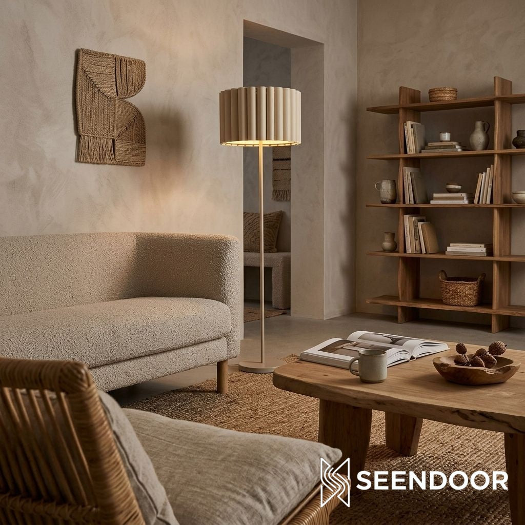 Velura Plissierte Leinen-Stehlampe – Hohe Beige Stehleuchte für Wohnzimmer und Leseecke