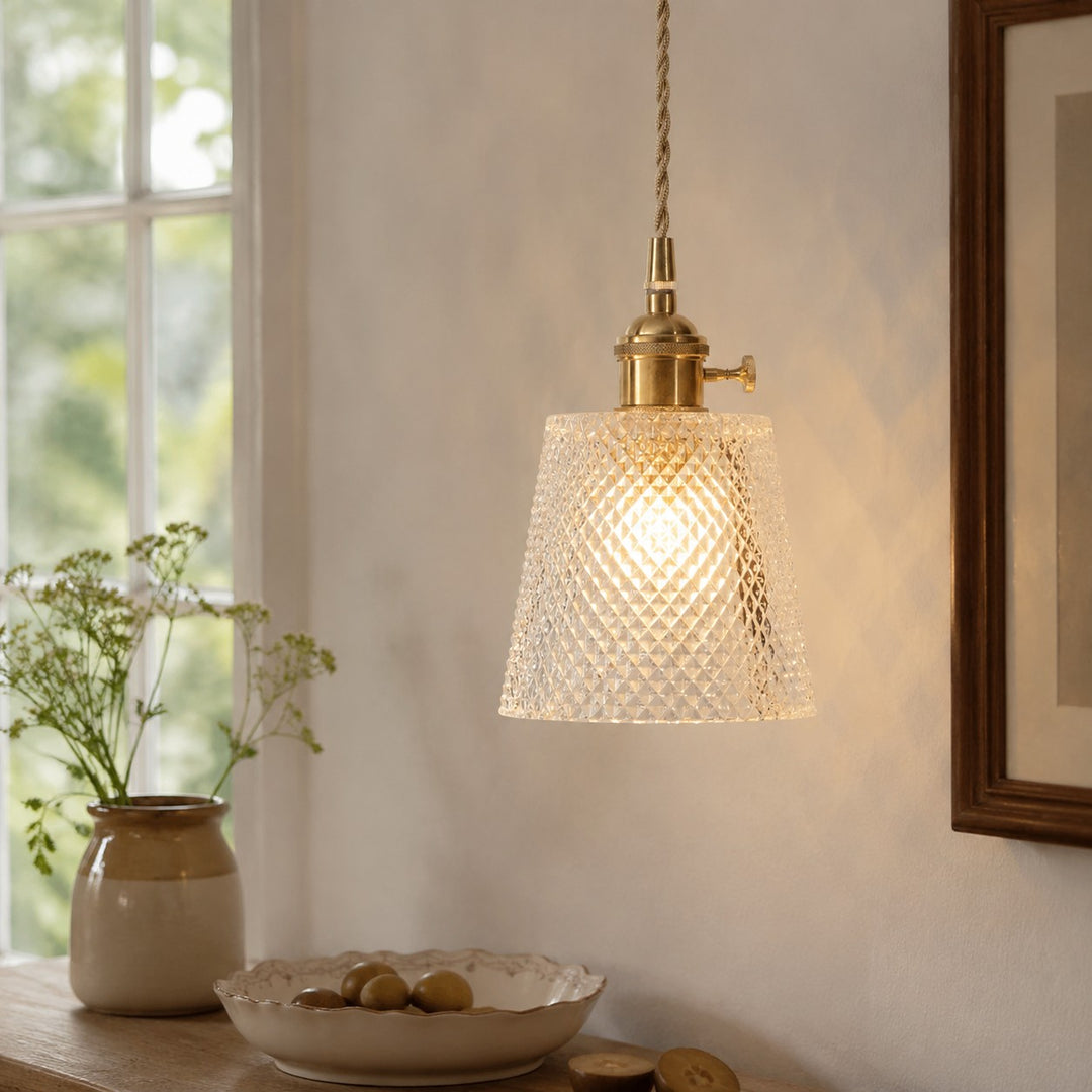 Style A diamond-textured glass pendant beside a sunlit dining table