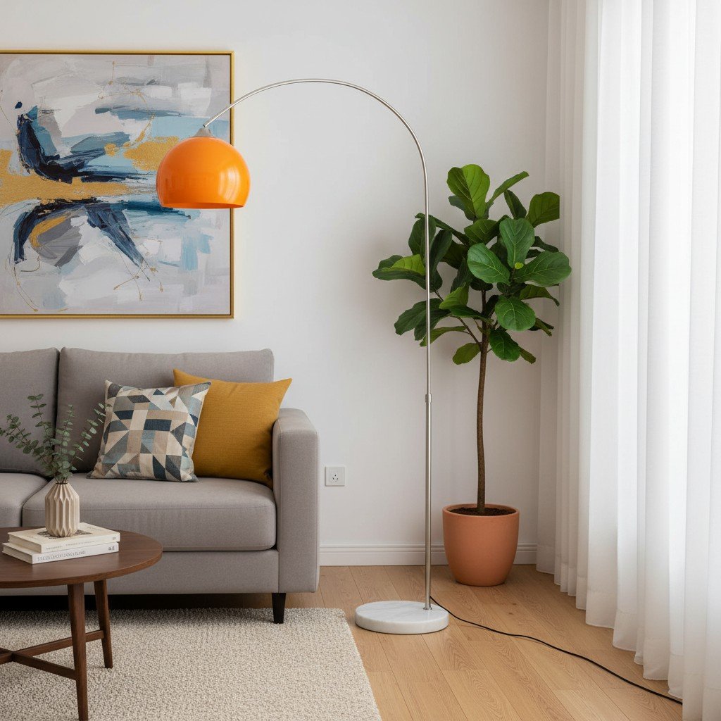 Aethervox Lampa Podłogowa w Stylu Mid-Century Modern z Łukiem - Metalowy Design z Akcentami Marmuru do Salonu