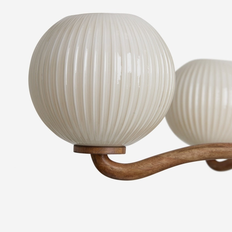 Lampadario Contemporaneo Shella a Cinque Sfere – Lampada a Sospensione in Legno, Metallo e Vetro per Camera da Letto o Sala da Pranzo