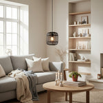 Charger l’image dans la visionneuse de la galerie, Lampe suspendue réglable en bambou Yumeko - Plafonnier à cage naturelle parfait pour les salons et salles à manger