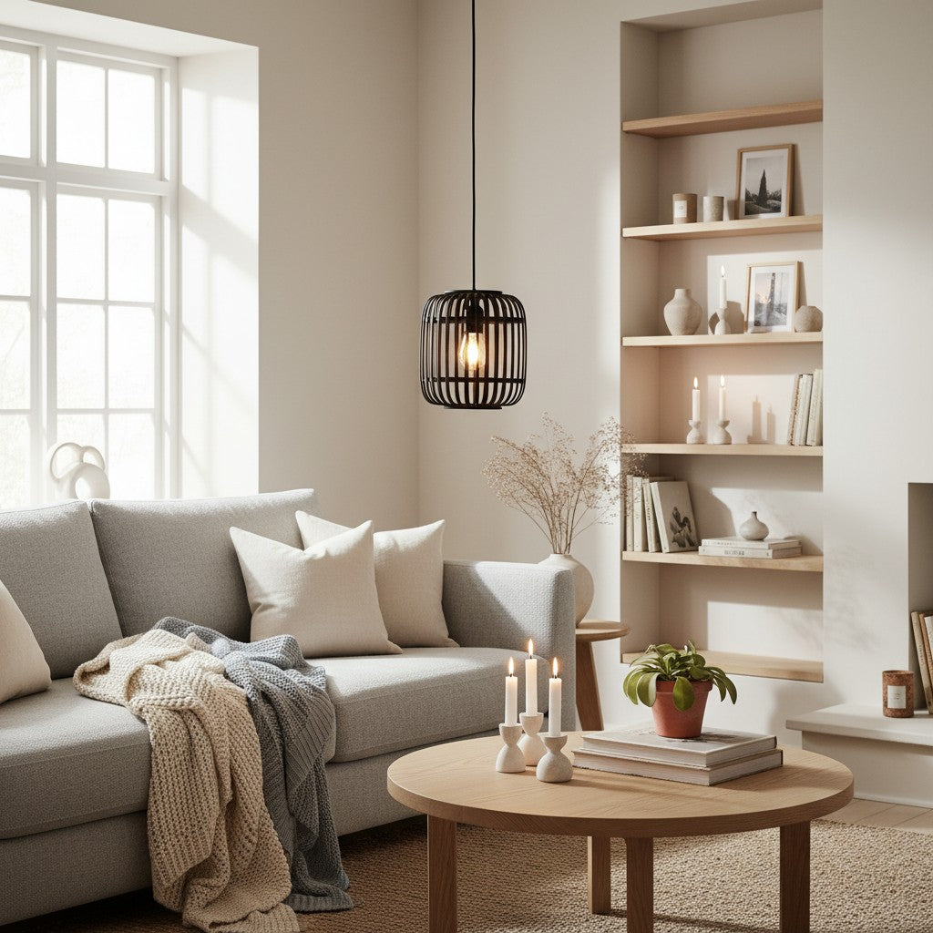 Lampe suspendue réglable en bambou Yumeko - Plafonnier à cage naturelle parfait pour les salons et salles à manger