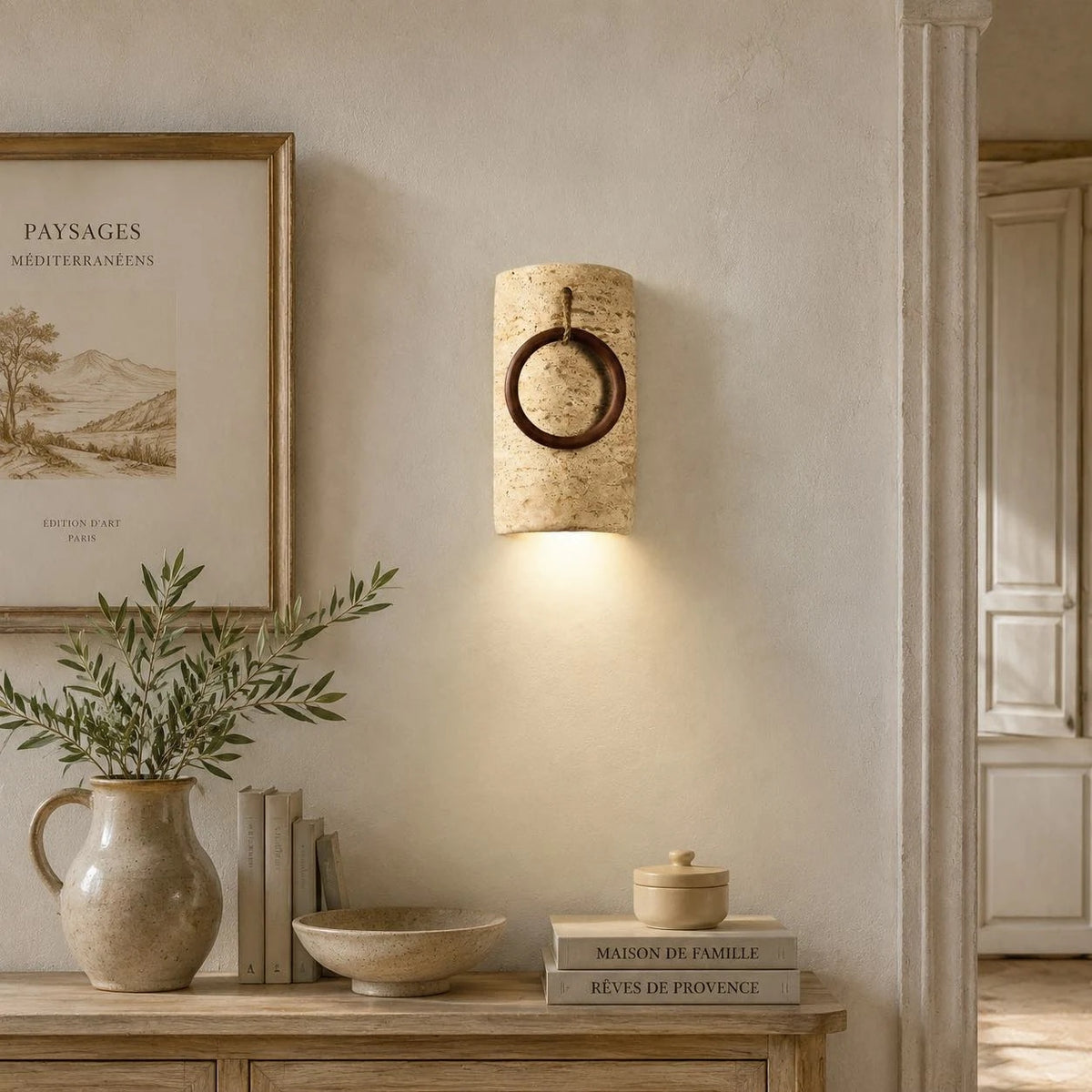 Travertine wood ring wall sconce detail