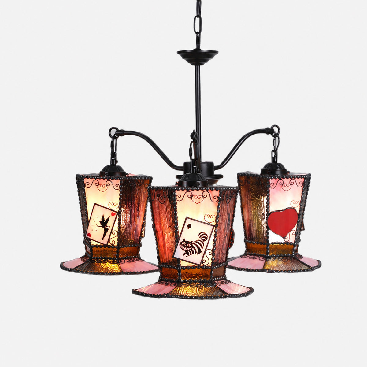Alice-Inspired Stained Glass 3-Light Chandelier