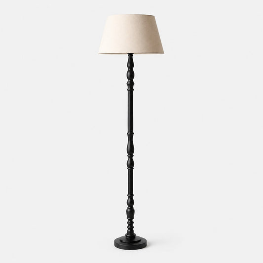Lampada da terra in legno tornito con paralume in tessuto