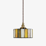 Cargar imagen en el visor de la Galería, Vintage brass stained glass pendant light with amber and white glass panels