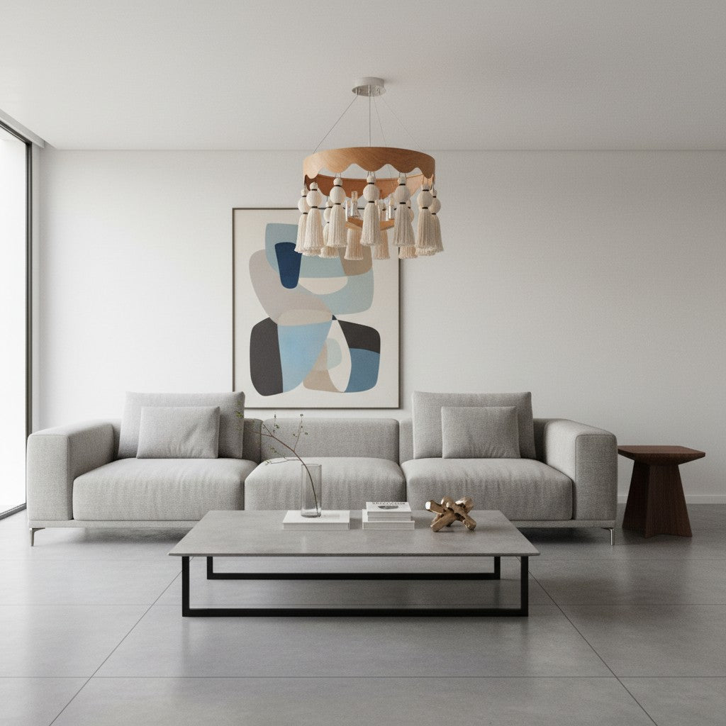 FringeAura Boho Kwast Kroonluchter - Grote Katoenen Kwast Kroonluchter voor Eet- en Woonkamer