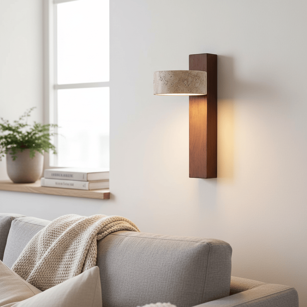Waloria Zeitgenössische Wandleuchte – Minimalistische Holzleuchte mit Naturstein-Schirm für Wohnzimmer N56