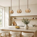 Załaduj obraz do przeglądarki galerii, Three light travertine pendant in a natural dining room