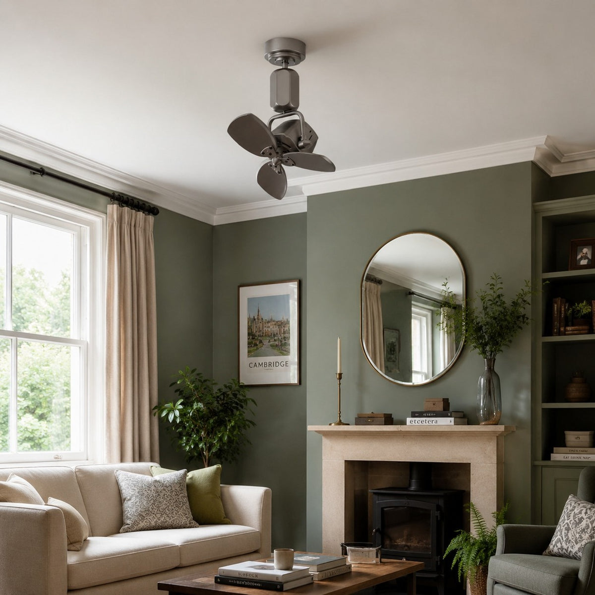 Compact ceiling fan installed in a curtained living room