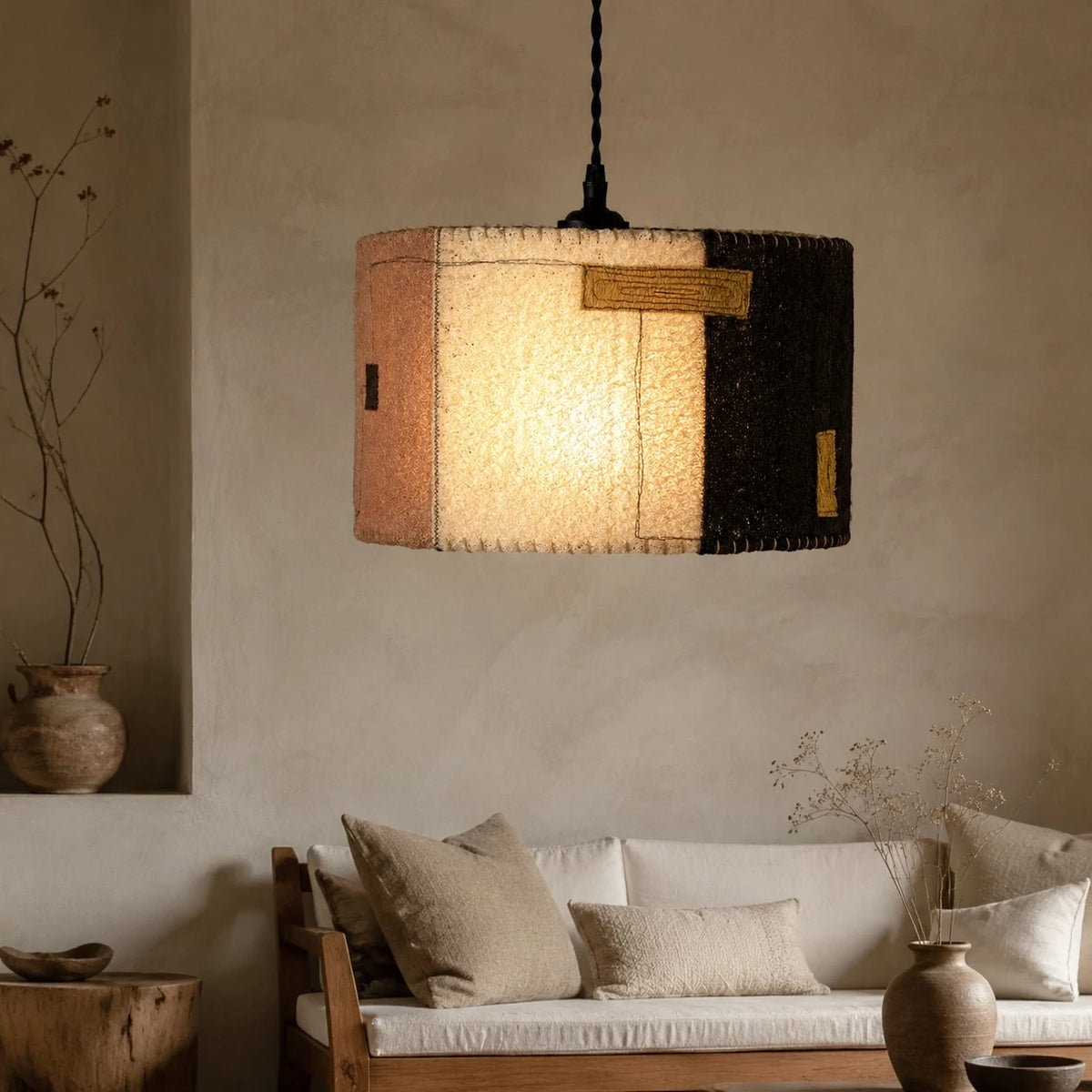 Natural Loofah Woven Pendant Lamp Wabi Sabi Patchwork Hanging Light