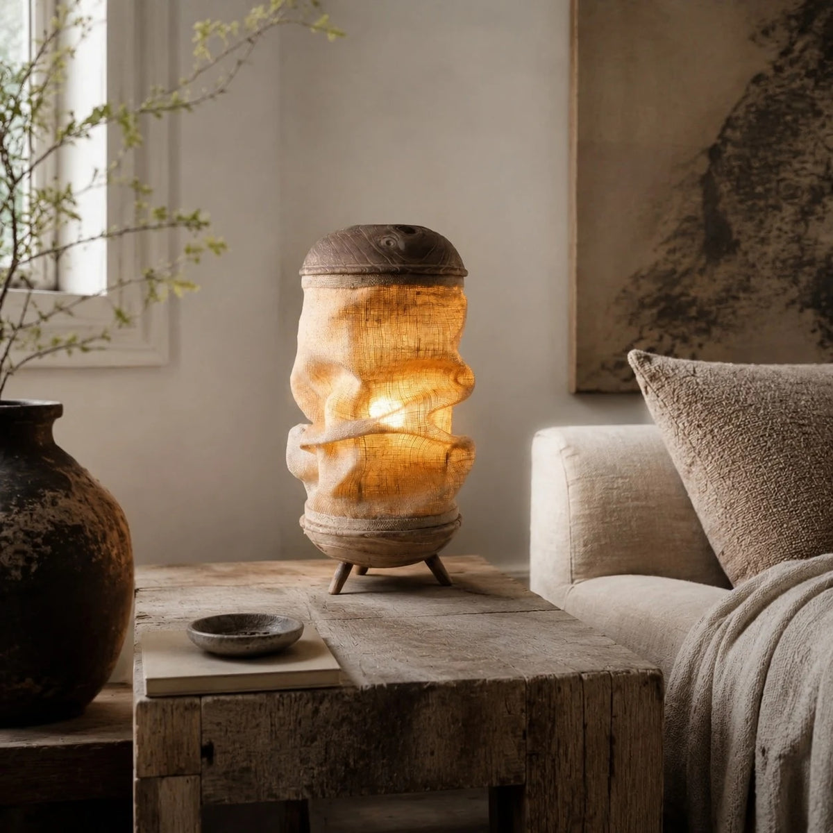 Bedroom styling scene with gathered linen style