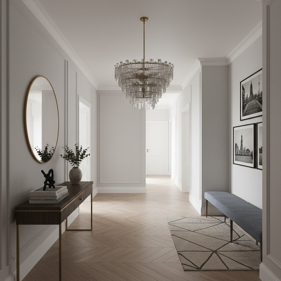 Lámpara de araña redonda Lumvey – Marco de metal inspirado en vidrio vintage en niveles para comedor y vestíbulo