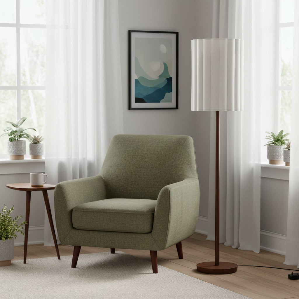 Lampe sur pied en bois de noyer Linbron avec abat-jour en lin cannelé – Décoration intérieure moderne et naturelle