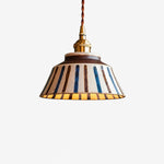 Cargar imagen en el visor de la Galería, White stripe hand-painted ceramic pendant lamp with brass-tone socket