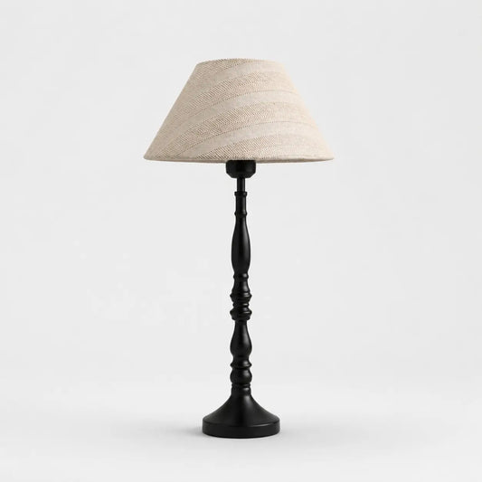 Beige grid fabric table lamp with black iron base