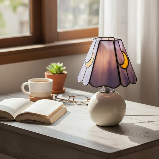 Stellum Lampe de Table Champignon Lune en Vitrail Accent Artistique Base en Céramique pour Espaces de Vie