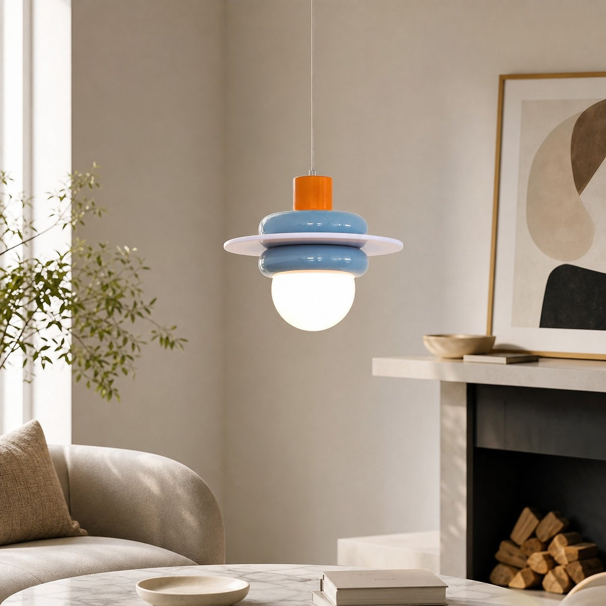 Sea salt blue pendant light in a living room corner