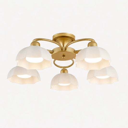 5-light brass ceiling fixture with white glass shades