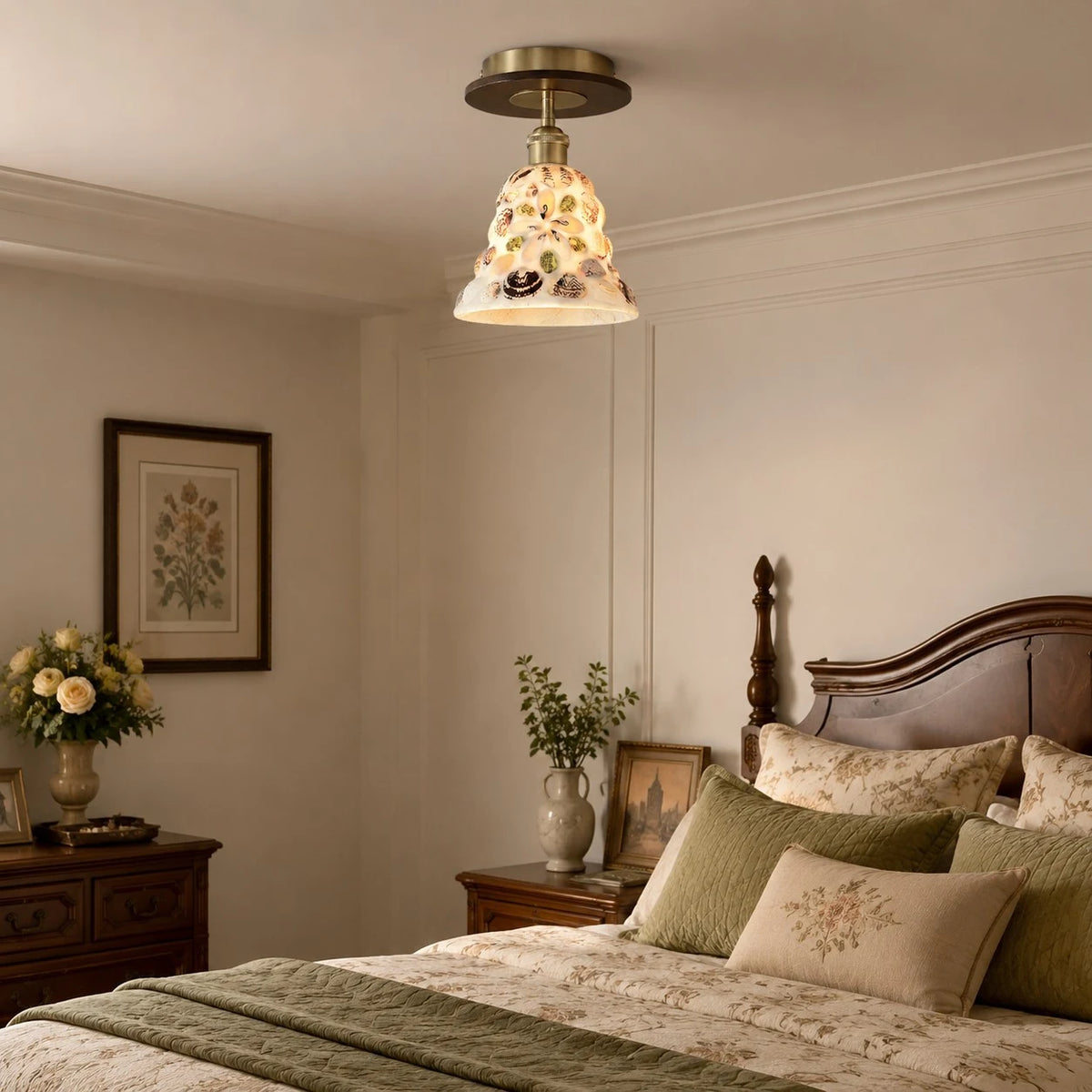 Shell glass ceiling light in a calm bedroom scene