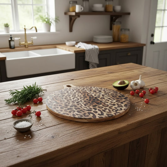Planche de service et de découpe Lepwood Premium en bois de sapele à imprimé léopard pour la décoration de table et les réceptions