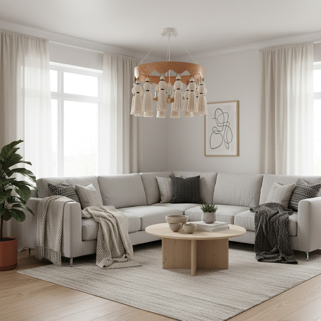 FringeAura Boho Kwast Kroonluchter - Grote Katoenen Kwast Kroonluchter voor Eet- en Woonkamer